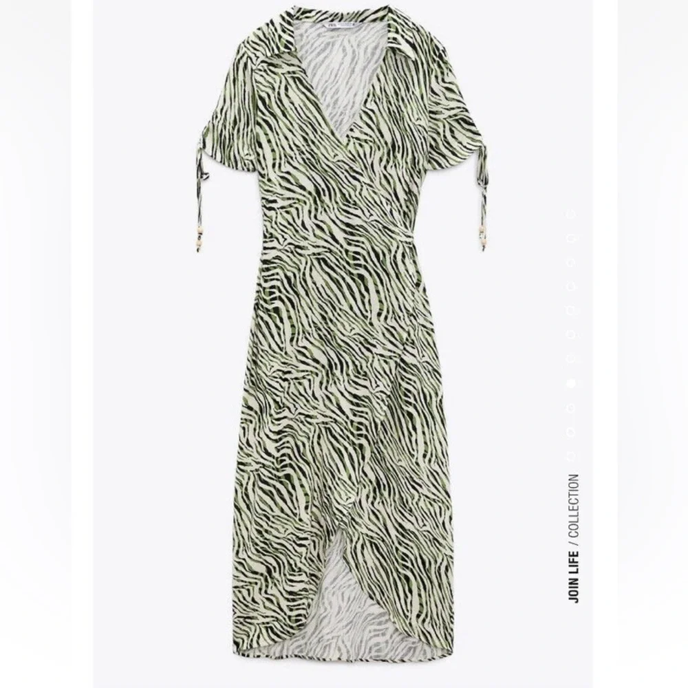 ZARA Animal Print Wrap Dress ECRU/KHAKI - Picture 1 of 13